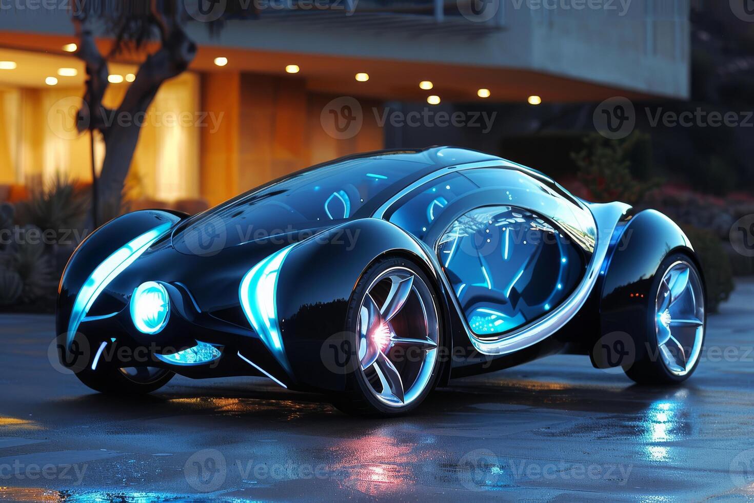 High-tech, futuristic concept car with neon lights and an aerodynamic, sleek design in an urban setting. photo