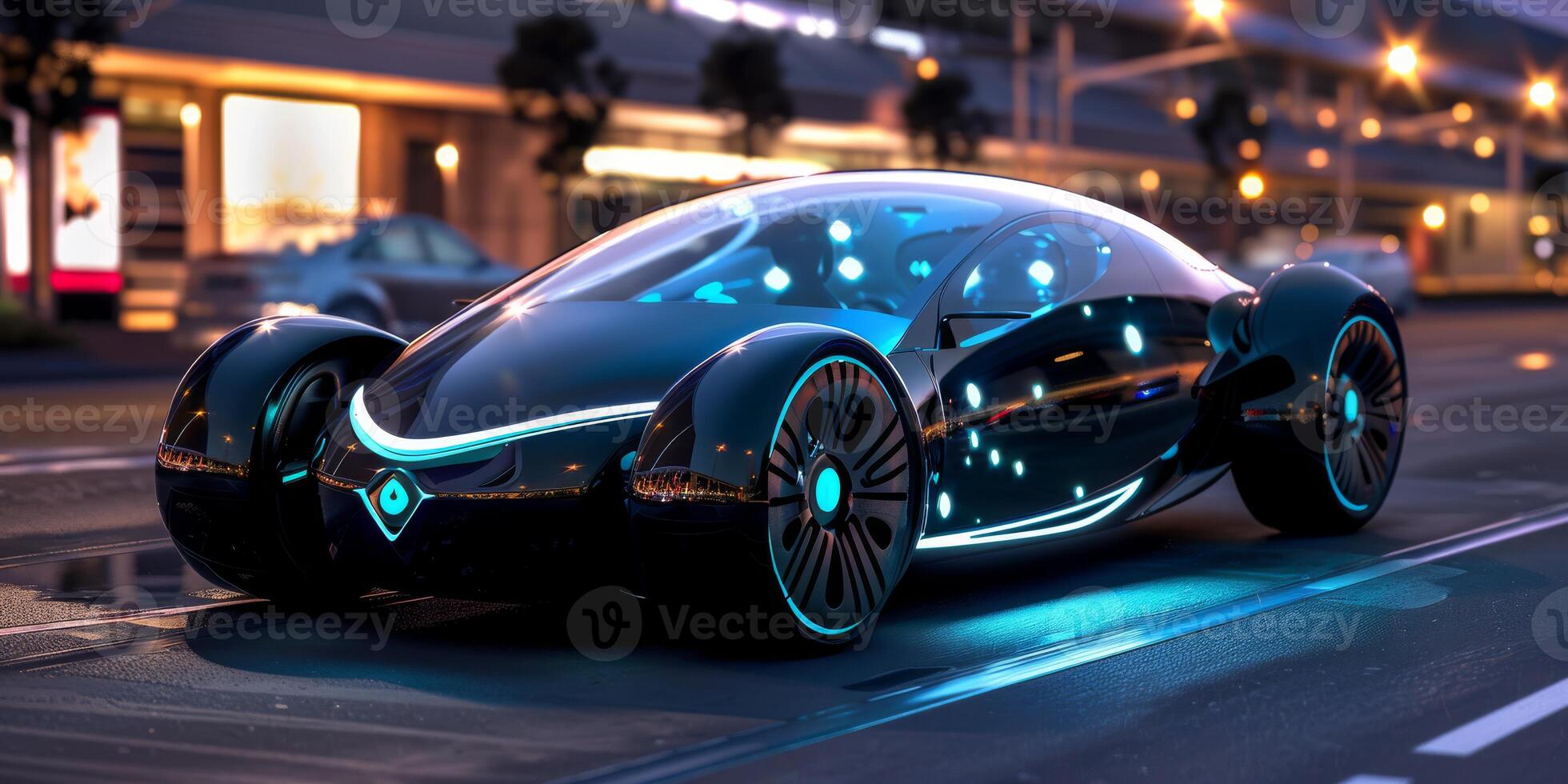 An elegant and visionary electric vehicle with neon lights in a city at night, emanating a modern and futuristic vibe photo