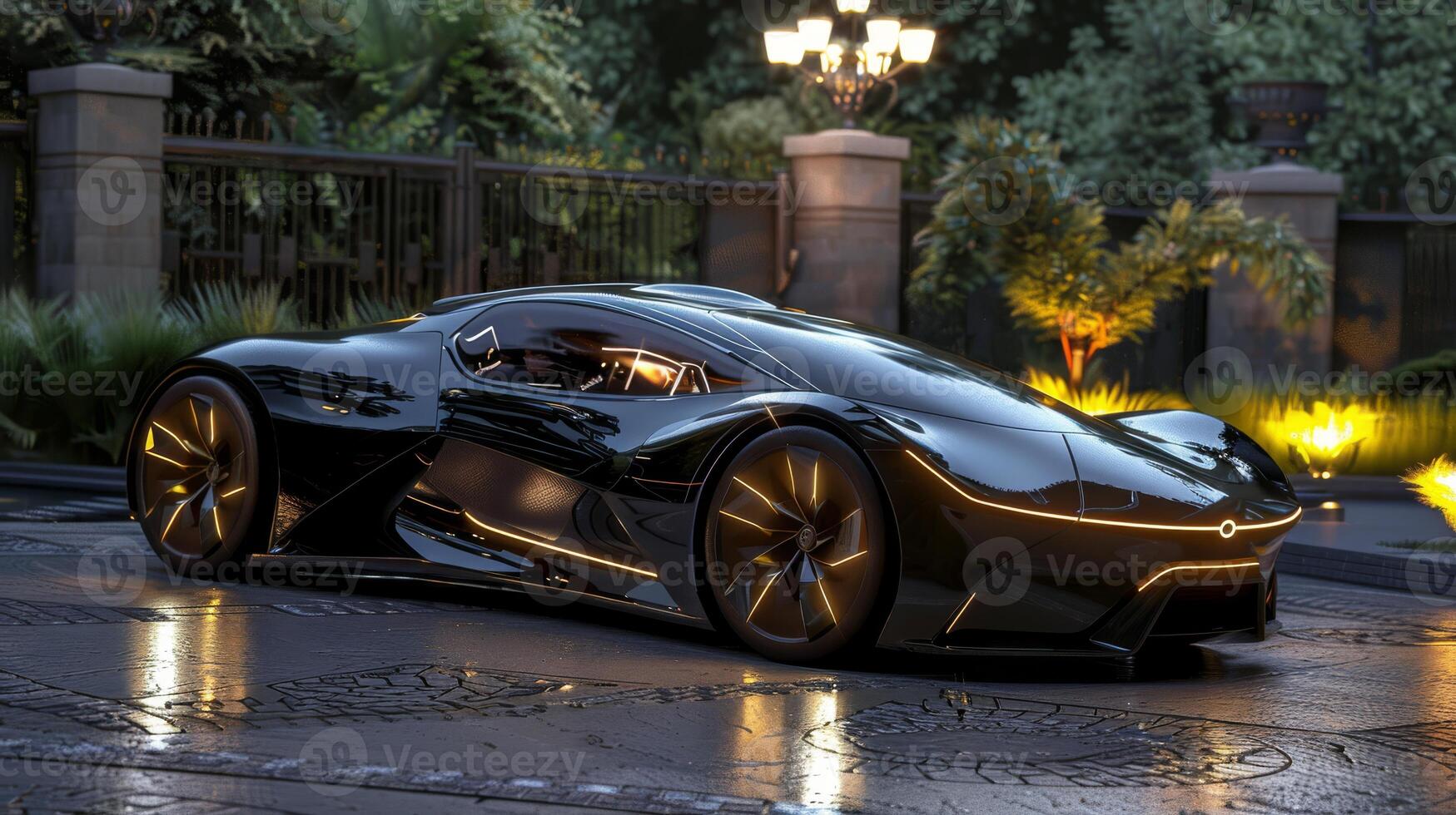 In the evening, a sleek black hypercar is parked in a serene park, exhibiting luxury and innovation under the dusky sky photo