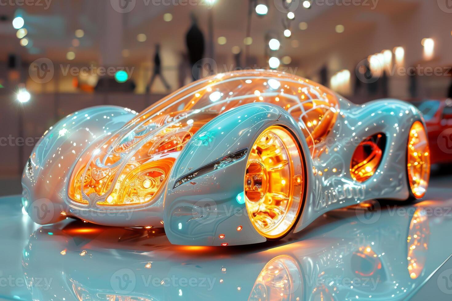 A stunning futuristic glowing concept car showcased at an auto show, emphasizing innovation and design. photo