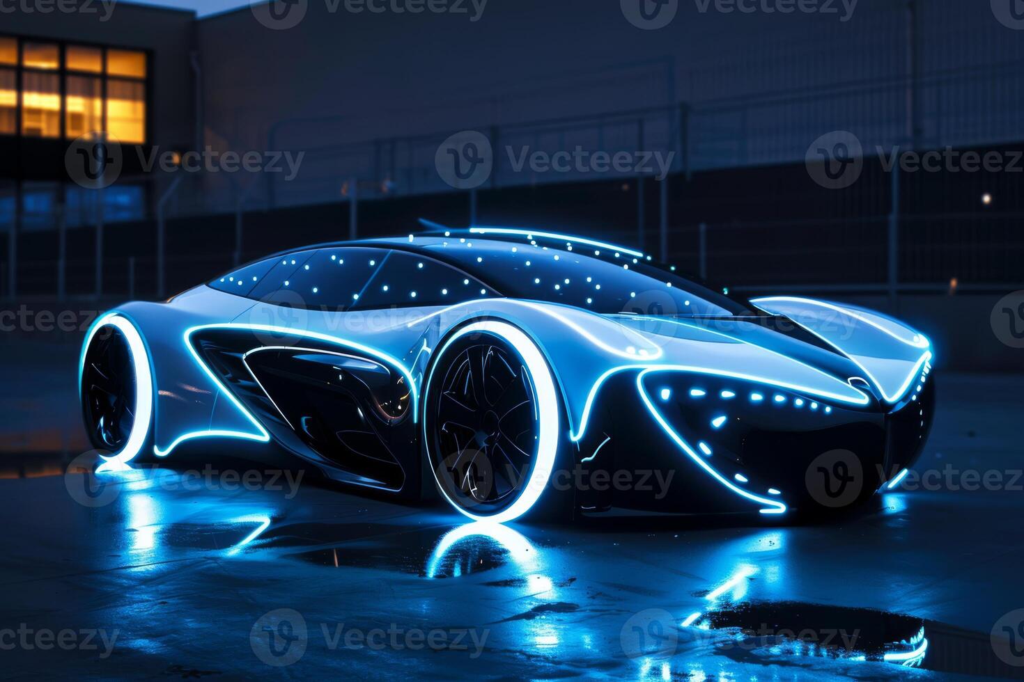 Sleek futuristic electric car featuring neon lights, showcasing advanced automotive design in a night urban setting. photo