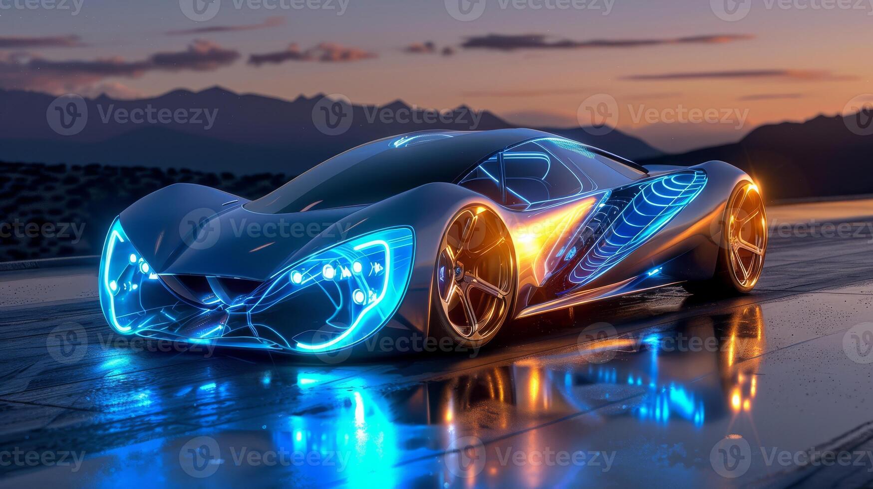 Sleek futuristic electric car illuminated with vibrant neon lights on a reflective surface at sunset. photo