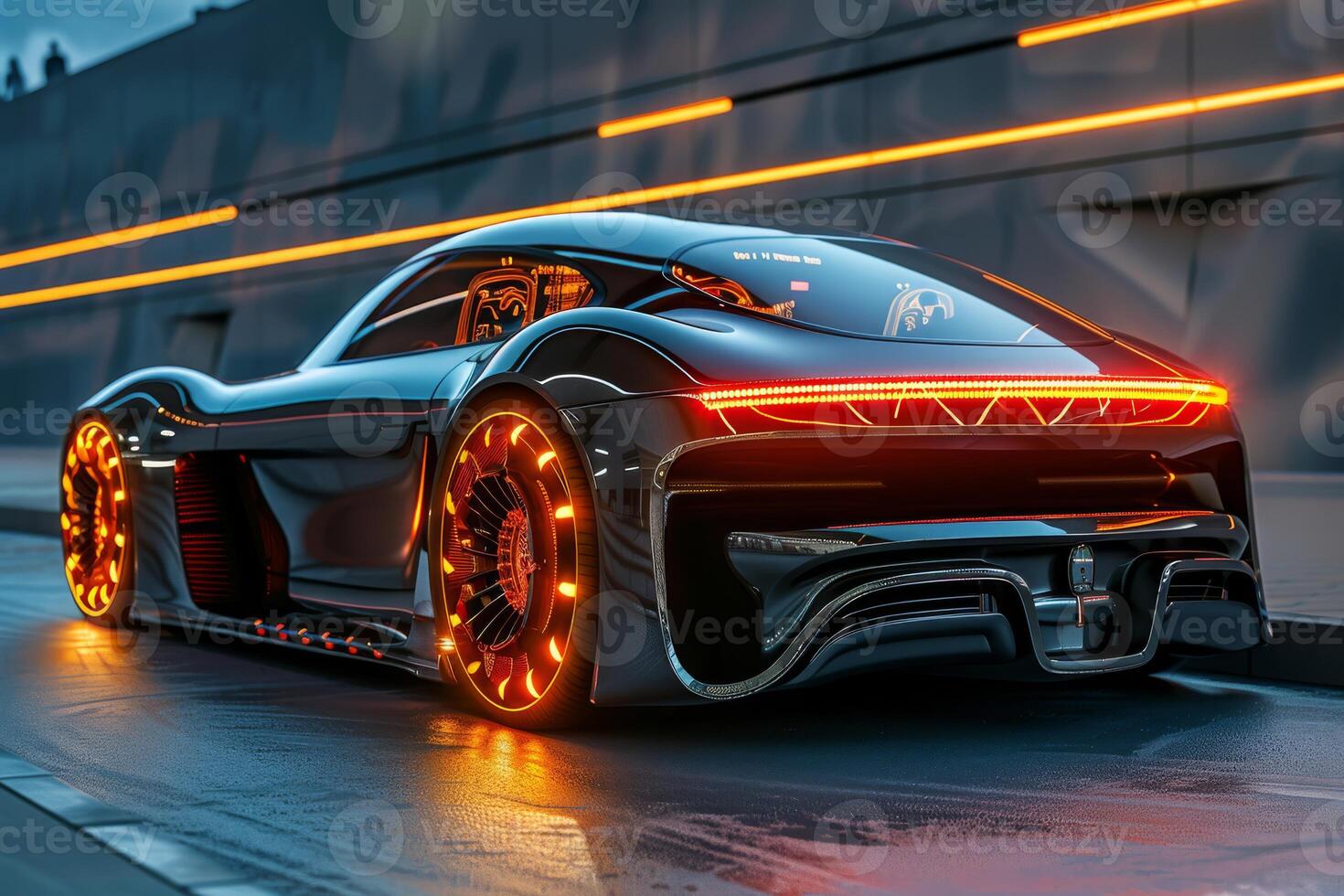 High-performance sports car showing futuristic design with neon lights speeding in a modern cityscape. photo