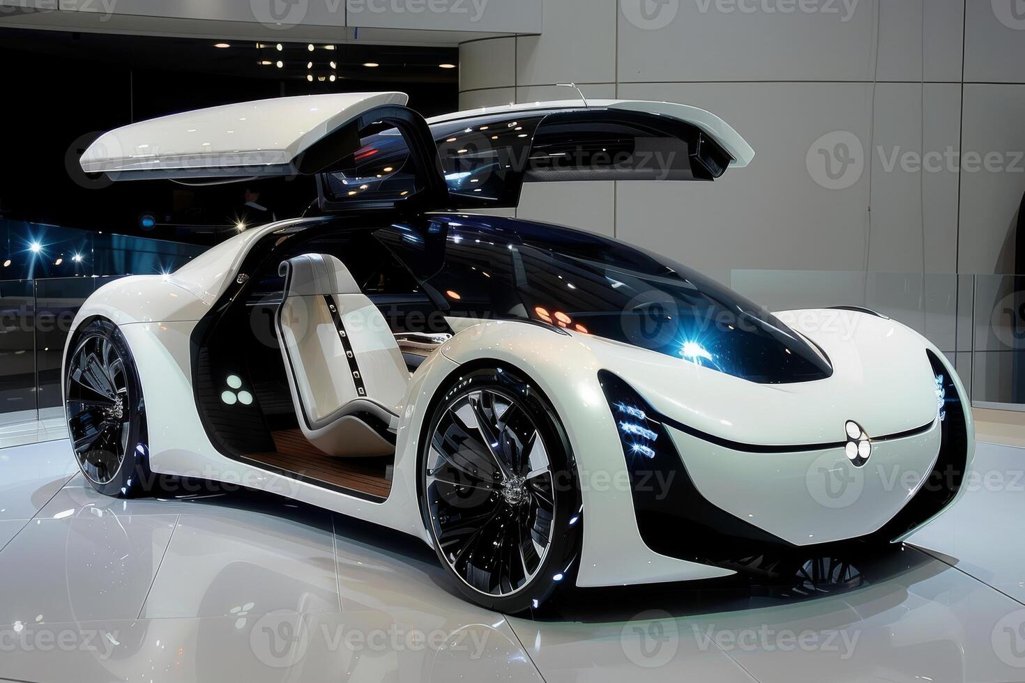Sleek white electric concept car featuring gullwing doors showcased at an autoshow under bright lights. photo