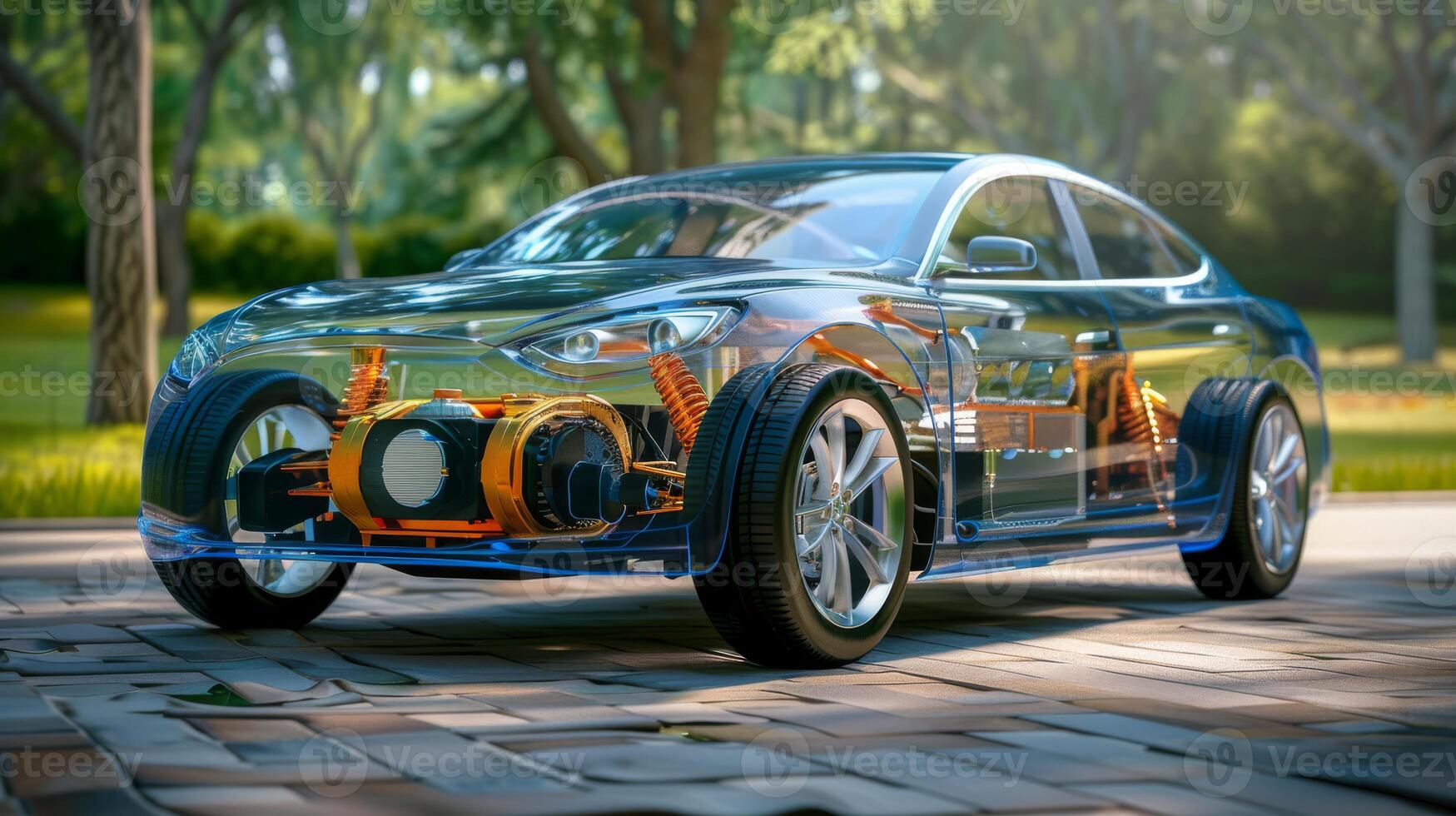 Detailed view of a transparent electric car illustrating internal mechanics parked in a lush green park. photo