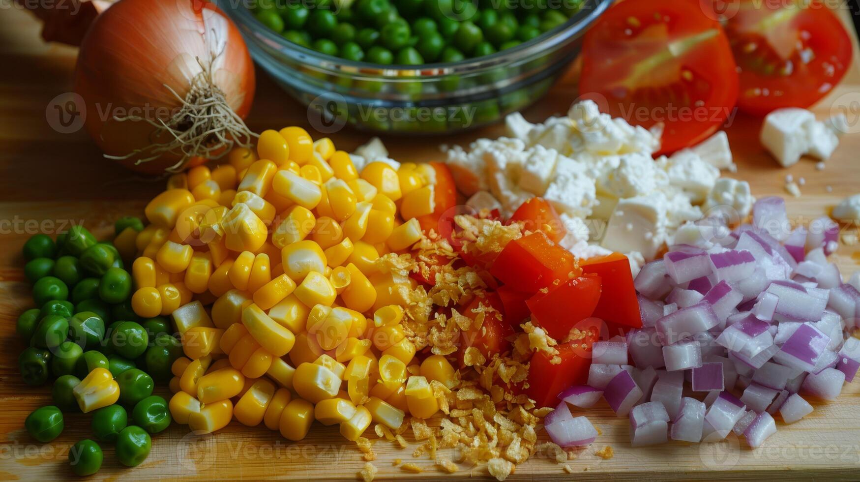 Imagine a wide range of vibrant vegan and vegetarian ingredients such as peas, corn, onion, tomato, and feta cheese, coming together to create a nutritious and flavorful meal for your diet photo