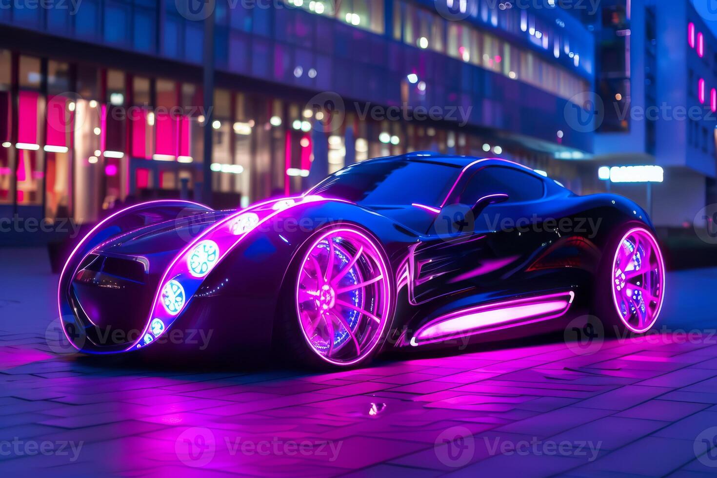 In a contemporary urban environment during the night, a stylish black car stands out with its vibrant neon lights photo