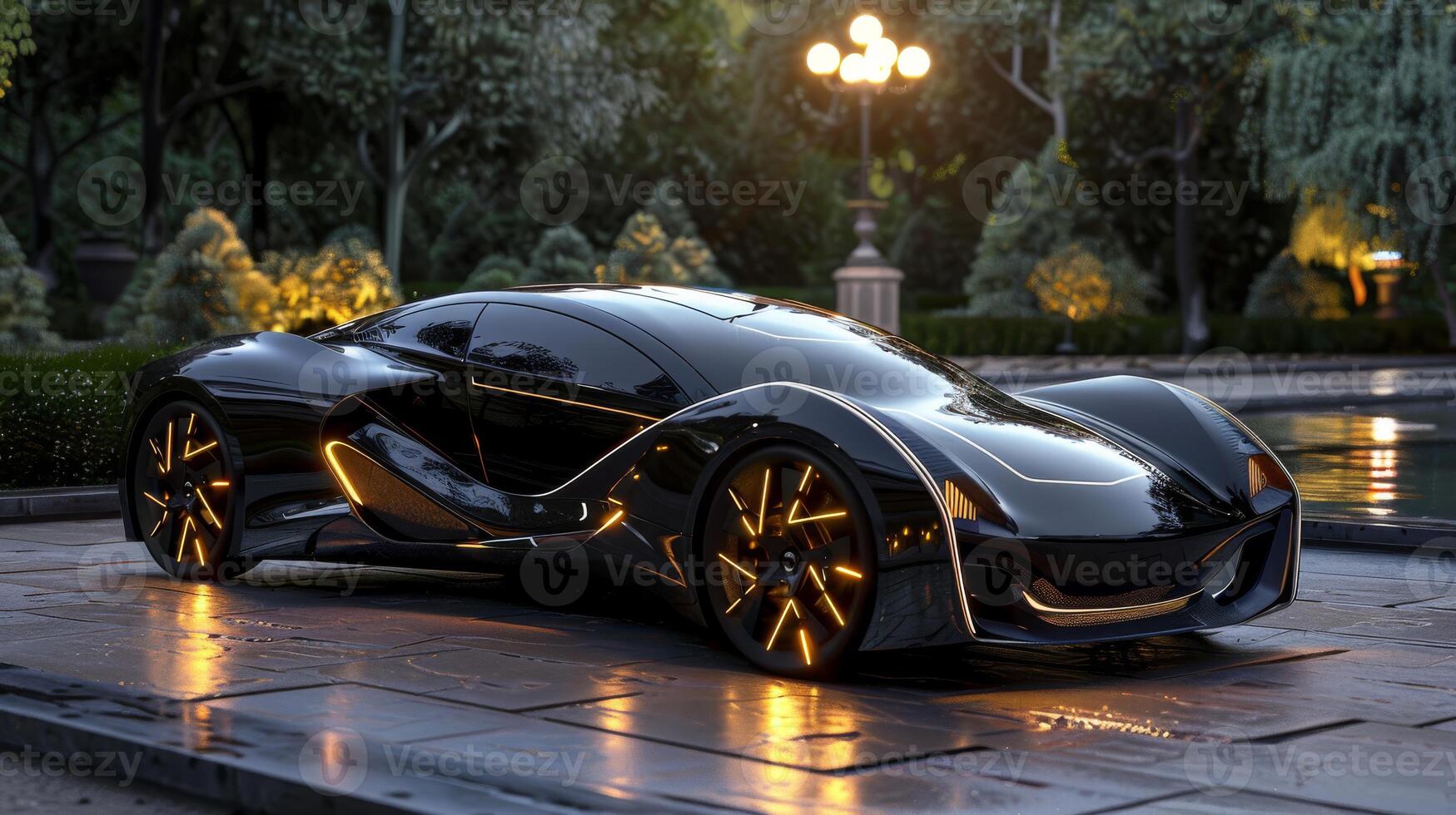 In the evening, a sleek black hypercar is parked in a serene park, exhibiting luxury and innovation under the dusky sky photo