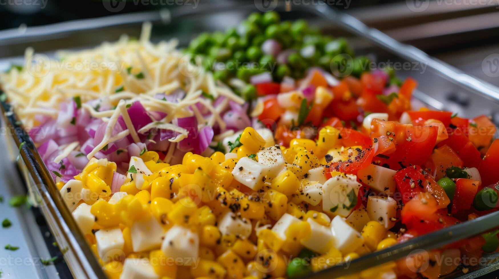 Indulge in a colorful and healthy bowl filled with corn, peas, tomatoes, onions, and cheese, perfect for vegans and vegetarians. This dish is bursting with freshness and nutrition photo