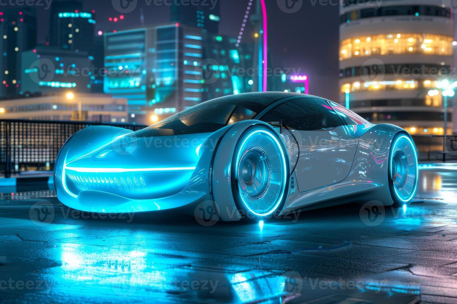 Futuristic car with LED lights in neonlit city, showcasing advanced automotive design and technology photo