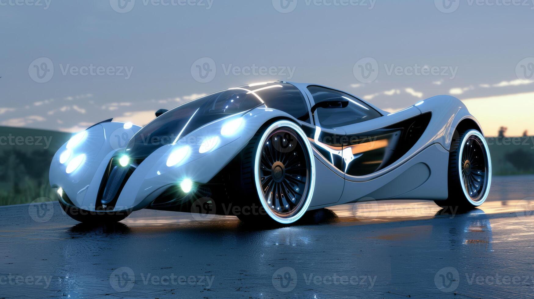 A sleek futuristic electric concept car drives on a city street at night, showcasing automotive innovation. photo