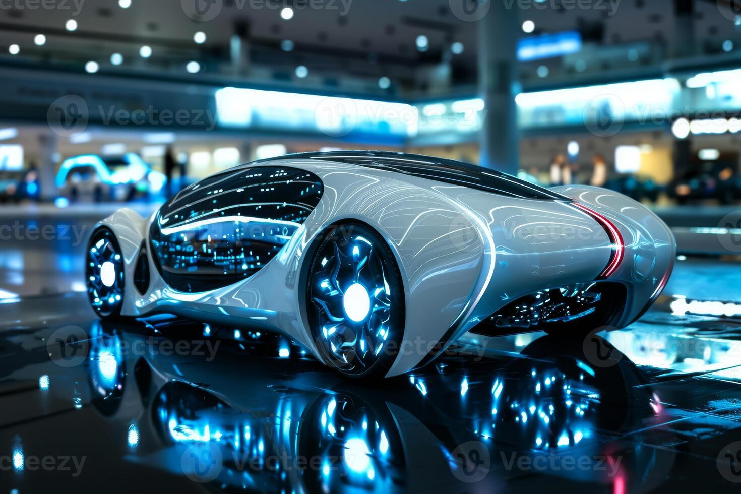 A sleek, futuristic electric car is showcased in a modern showroom with neon lights, displaying advanced design photo
