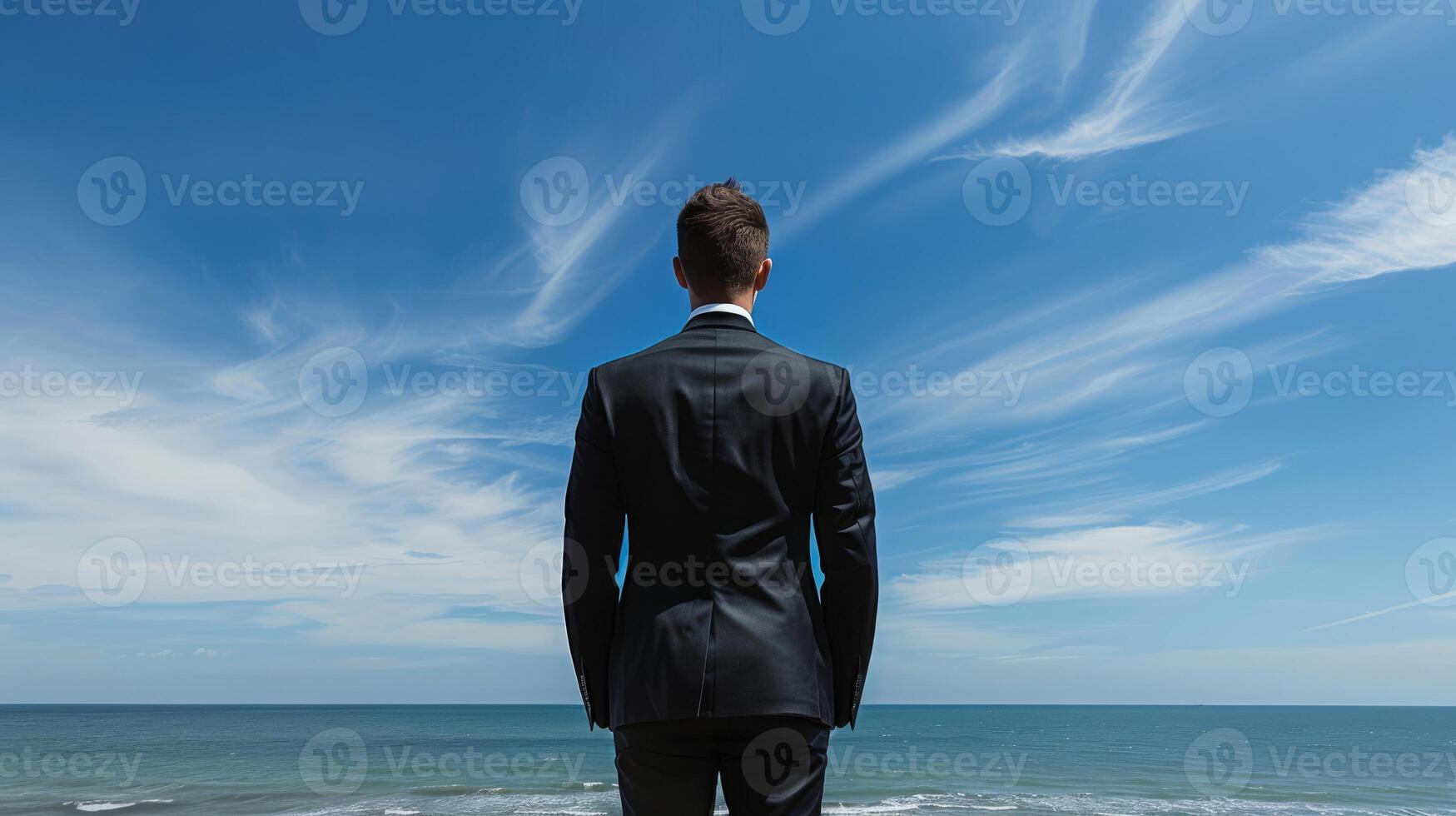 A businessman in a suit standing peacefully by the ocean, reflecting on his life and goals under the clear blue sky photo