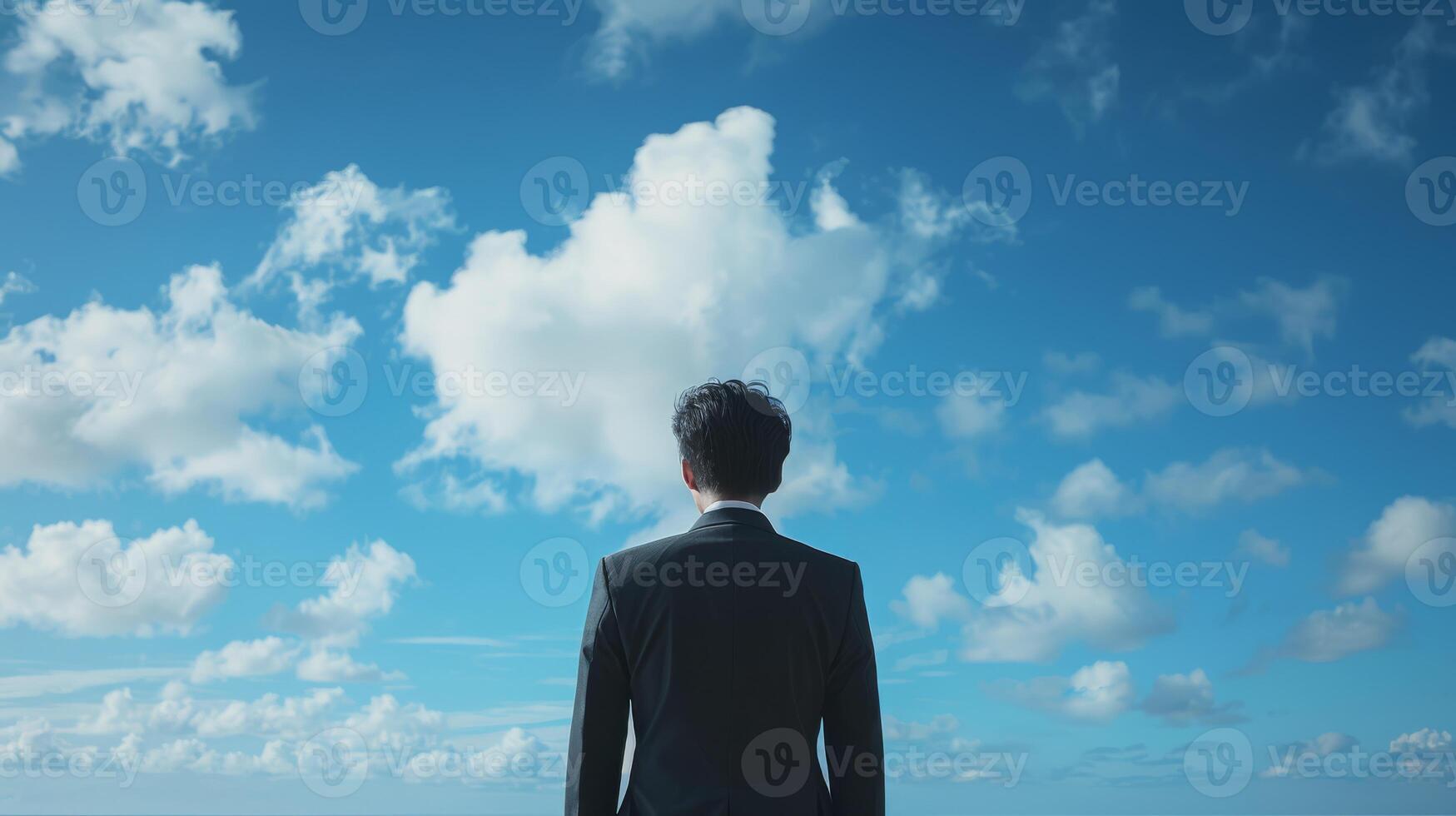 A businessman in a suit gazes up at the clear blue sky, showing contemplation and ambition in his career photo