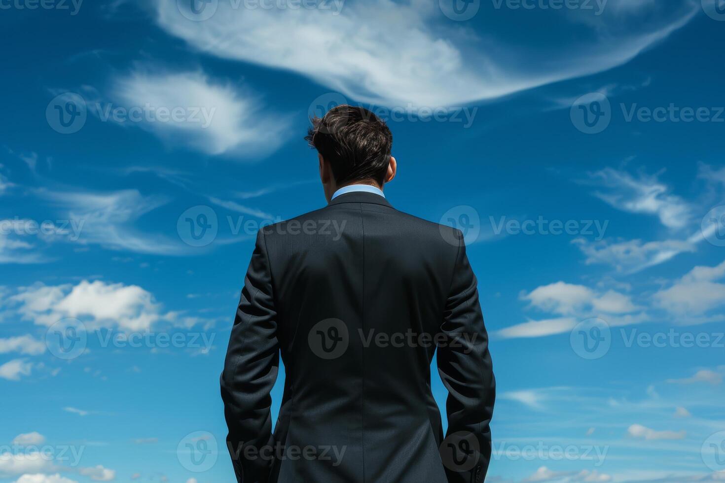 Rear view of a man in a suit looking at the sky, symbolizing ambition, aspiration, and future goals. photo