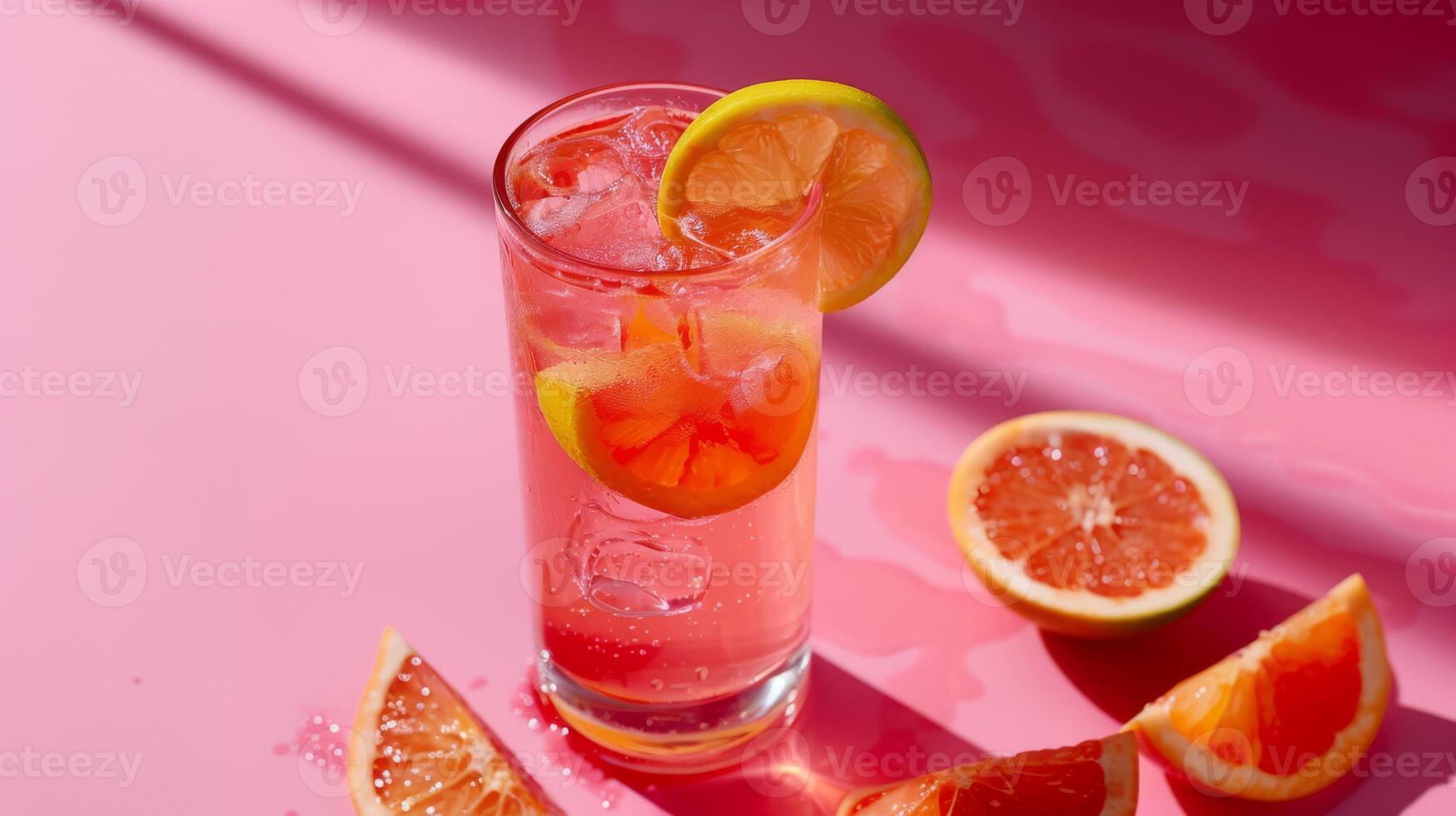 Experience a refreshing taste with a retroinspired pink grapefruit cocktail served chilled over ice in a highball glass, garnished with a lemon slice, set against a vibrant pink background photo