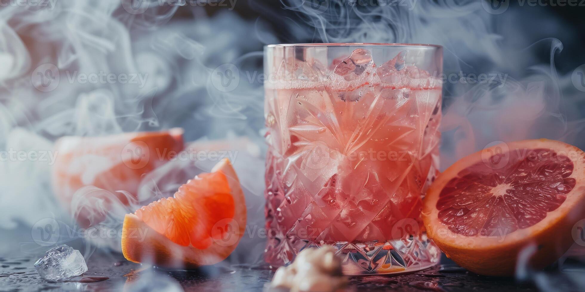 Savor the nostalgic charm of a grapefruit cocktail in a sophisticated glass, garnished with grapefruit slices. Experience timeless sophistication and sentimental allure in its elegant presentation photo