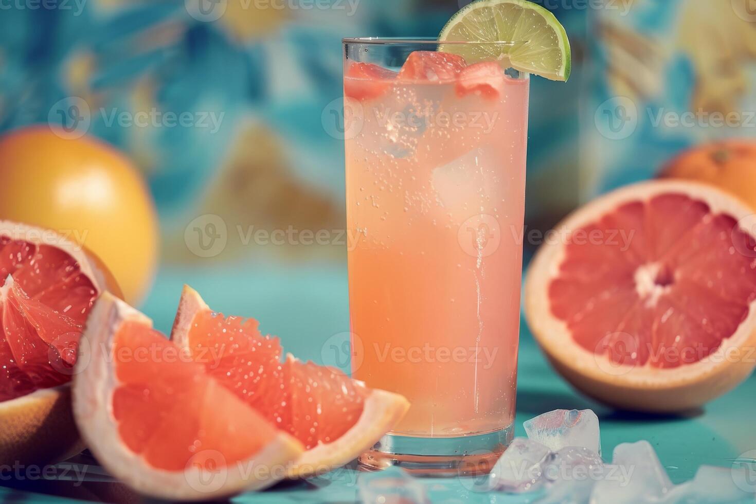 A tall glass of refreshing grapefruit juice with a slice of lime, surrounded by fresh grapefruit halves. The image offers a vibrant and nostalgic retro vintage feel photo