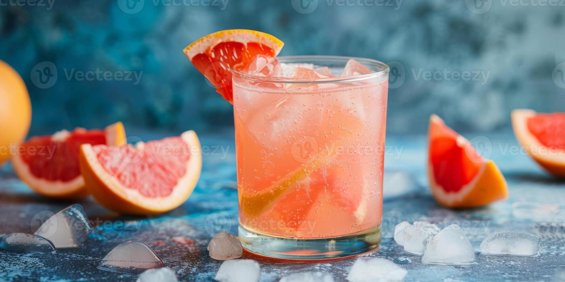 A tall glass of refreshing grapefruit juice with a slice of lime, surrounded by fresh grapefruit halves. The image offers a vibrant and nostalgic retro vintage feel photo