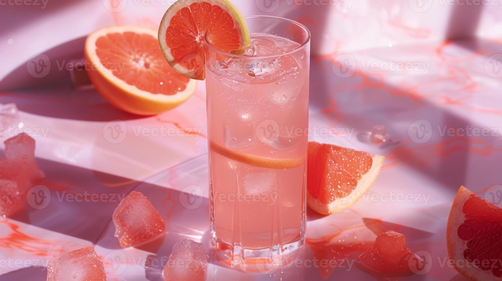 A vintage-inspired photograph featuring a refreshing grapefruit drink surrounded by ice cubes and grapefruit slices. The soft pink hue and lighting evoke a nostalgic, summery feel. photo
