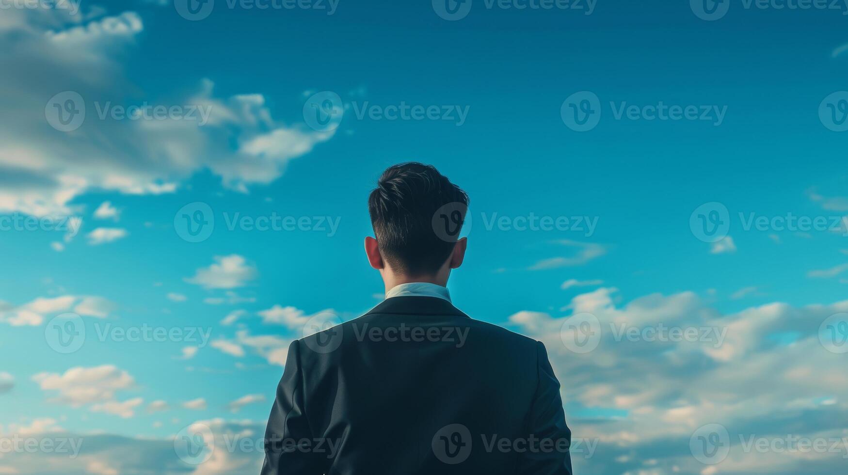 A businessman in a suit stands looking at a bright sky, symbolizing hope, ambition, and future aspirations. photo
