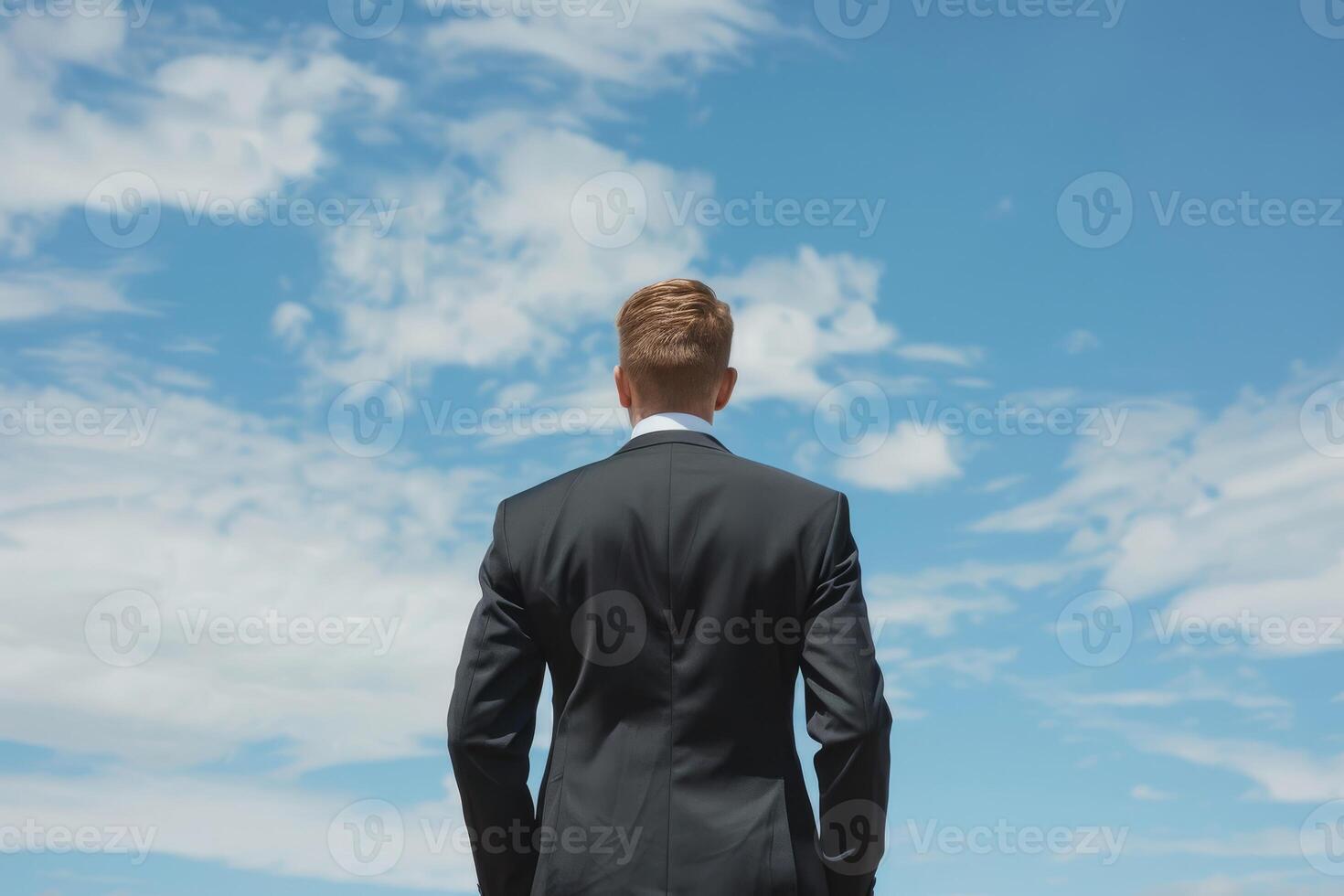 Rear view of a businessman in a suit looking at the sky, symbolizing ambition and future aspirations. photo