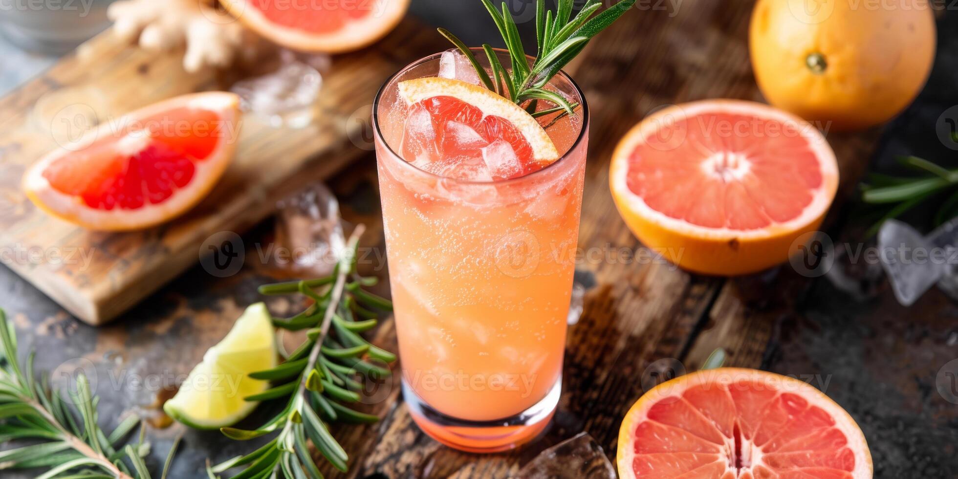 Enjoy a nostalgic cocktail featuring grapefruit and rosemary, perfect for a vintagethemed occasion. Treat yourself to this tangy, fragrant blend for a stylish and refreshing experience photo