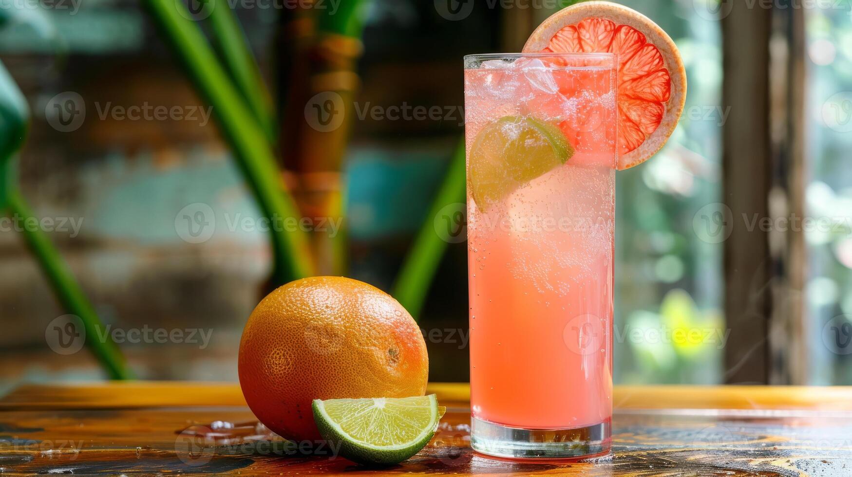 A vibrantly colored grapefruit cocktail with retro style, garnished with a grapefruit slice and sugared rim, displayed against a rustic background, ideal for cooling off in the summer photo
