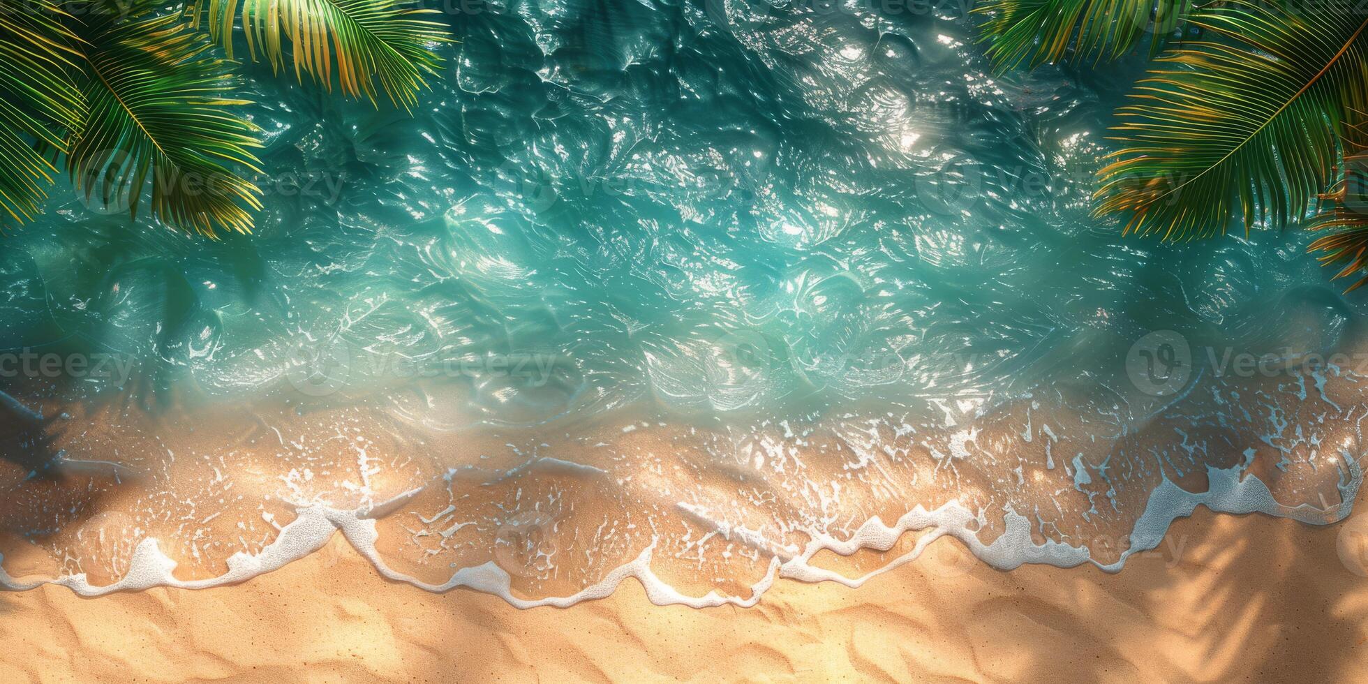 Aerial view of a tropical beach with clear water, golden sand, and lush greenery. Perfect for travel vibes. photo