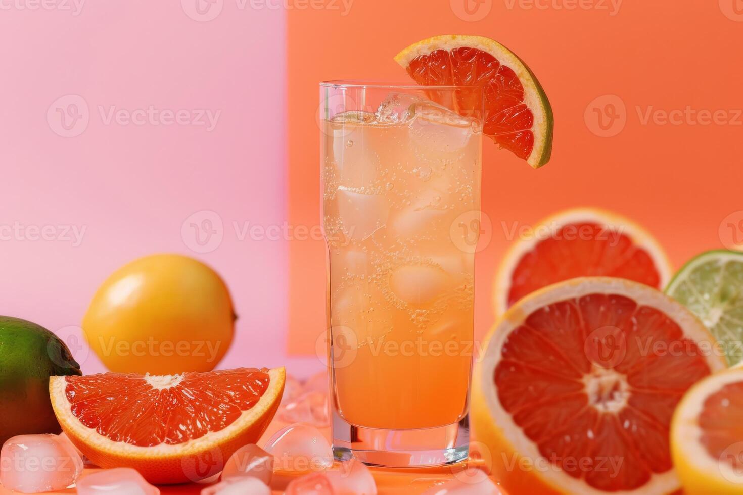 A vibrant, vintage-style photo featuring a refreshing citrus drink in a glass with ice, garnished with a grapefruit slice, surrounded by grapefruits and lemons on a colorful background.