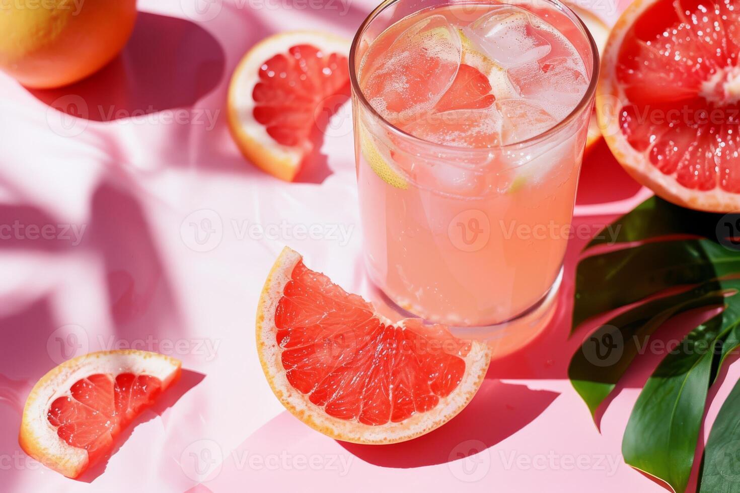 Immerse yourself in a refreshing citrus cocktail with a retro vintage feel, set against a lively pink backdrop, evoking a trendy and imaginative summer look with tropical accents and shaded elements photo