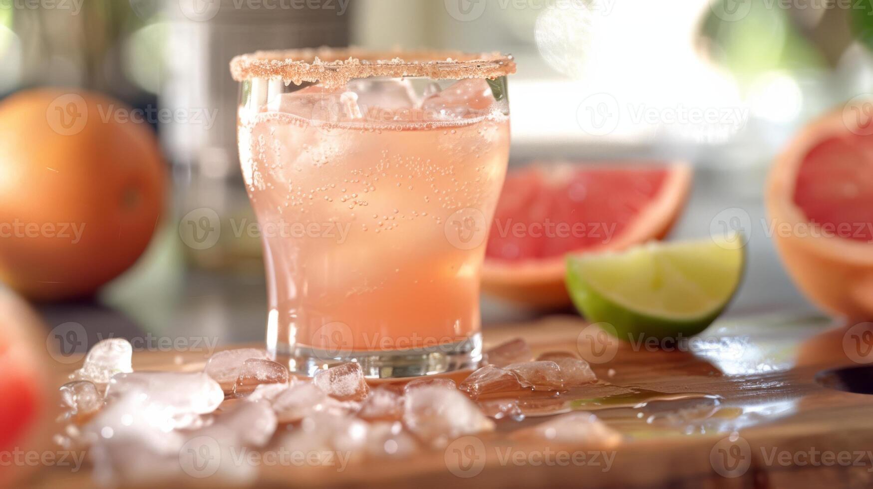 A vibrantly colored grapefruit cocktail with retro style, garnished with a grapefruit slice and sugared rim, displayed against a rustic background, ideal for cooling off in the summer photo