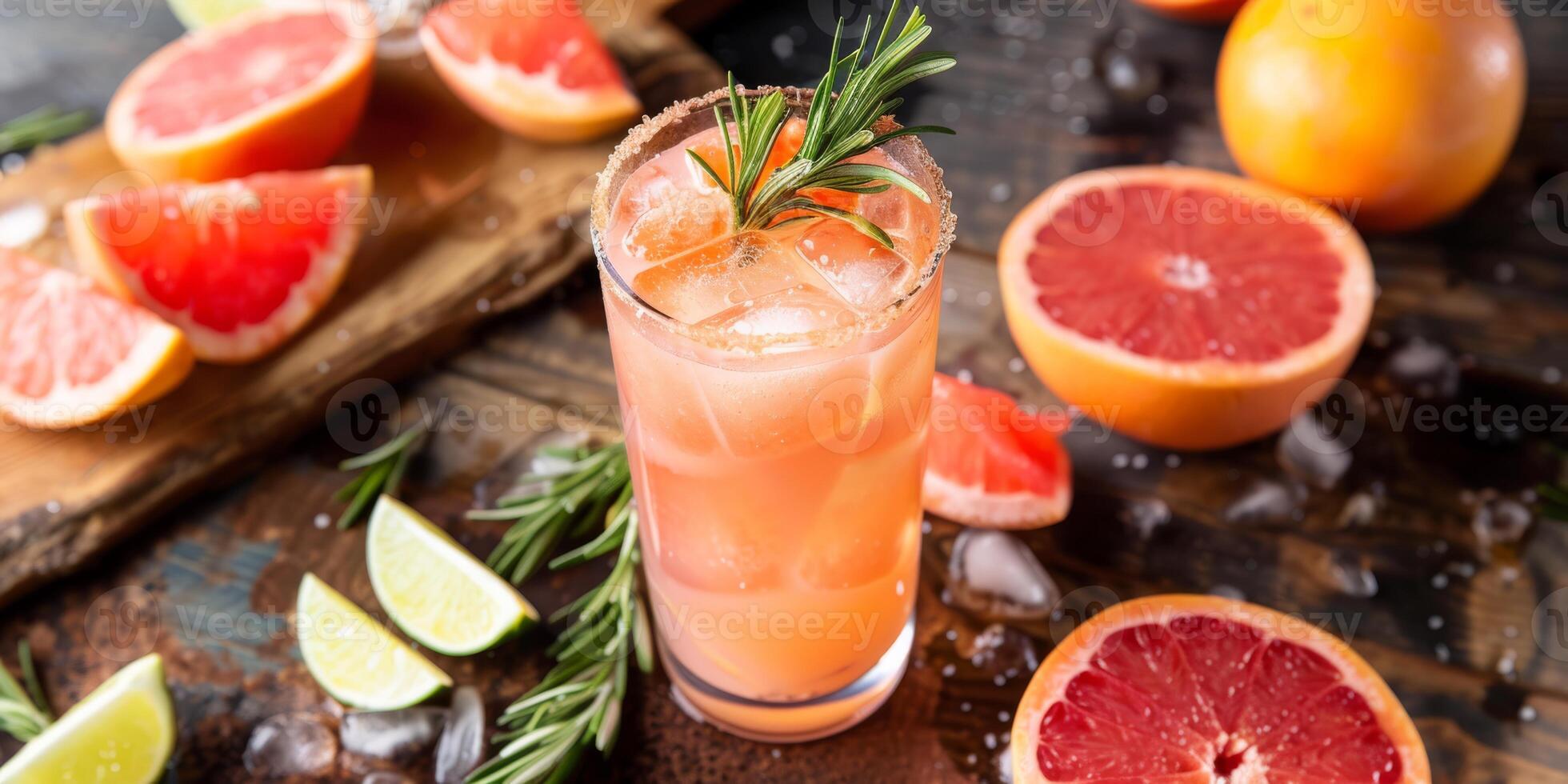 Enjoy a nostalgic cocktail featuring grapefruit and rosemary, perfect for a vintagethemed occasion. Treat yourself to this tangy, fragrant blend for a stylish and refreshing experience photo