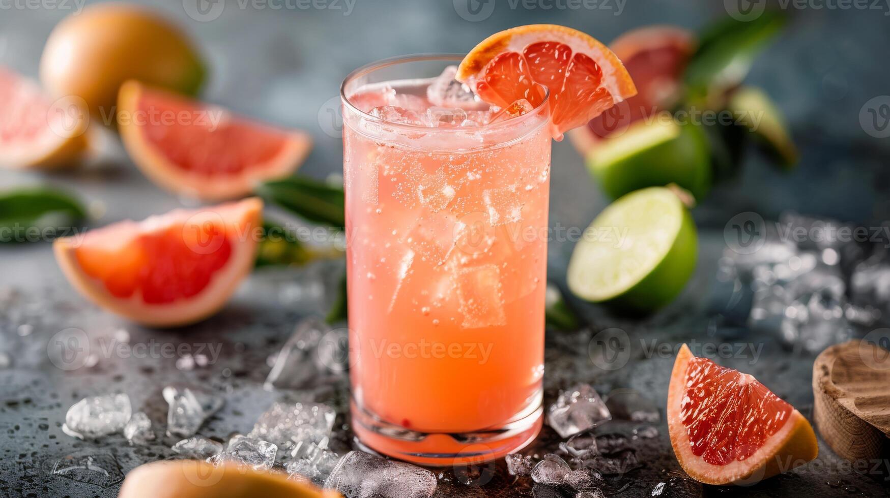 Enjoy the vibrant taste of a grapefruit cocktail in a retro setting, complemented with ice, lime, and zest. Perfect for a vintagethemed summer party with a refreshing and fruity twist photo