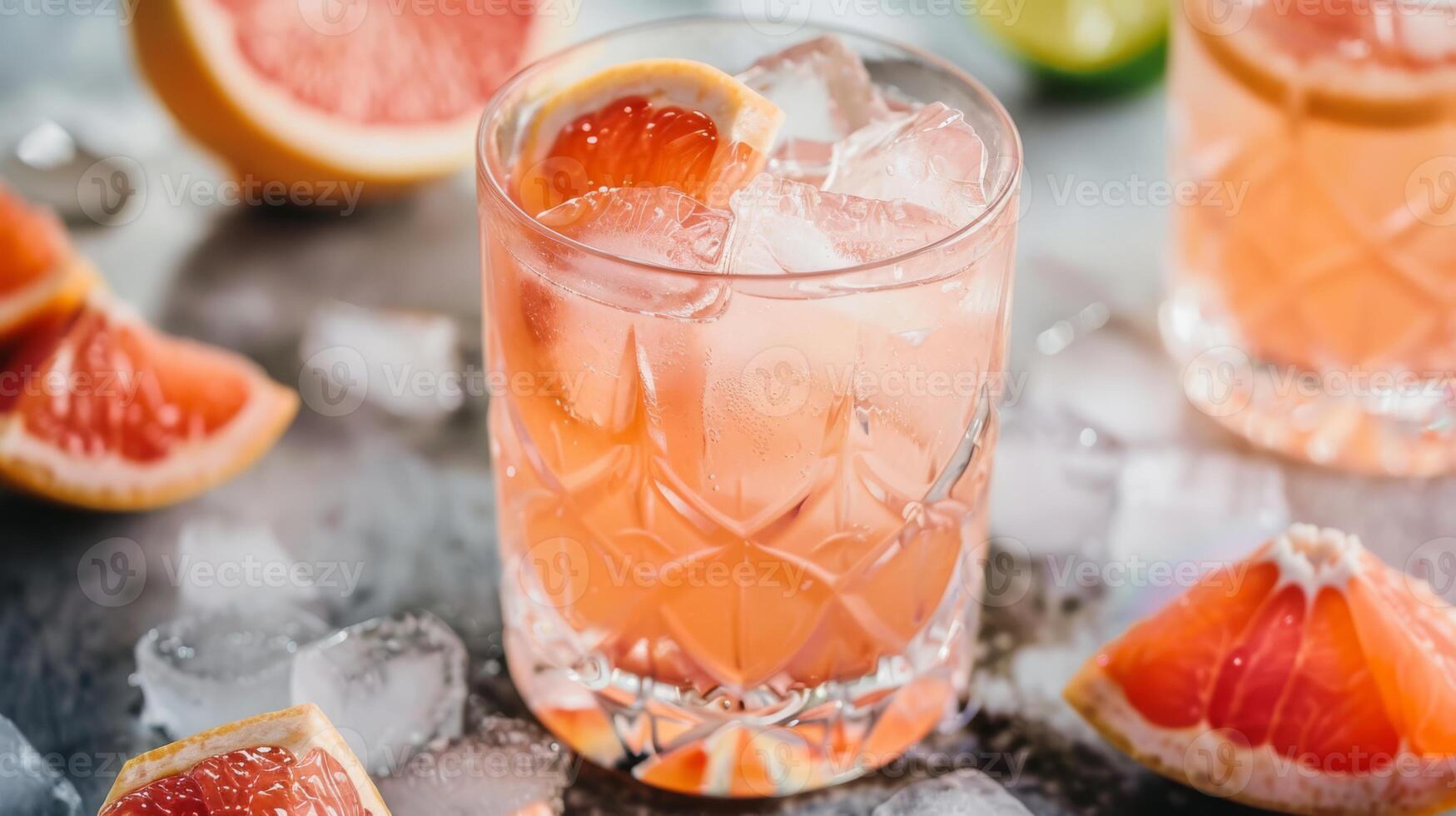 A refreshing vintagestyle grapefruit cocktail is elegantly served over ice in a beautifully designed glass, adorned with fresh grapefruit slices, exuding a charmingly nostalgic vibe photo