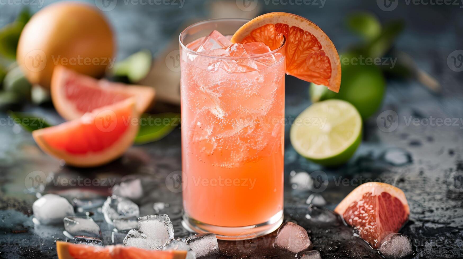 A vintageinspired grapefruit cocktail with ice cubes, lime, and grapefruit slices on a rustic surface. Its a refreshing and colorful drink with a creative and aesthetic presentation photo