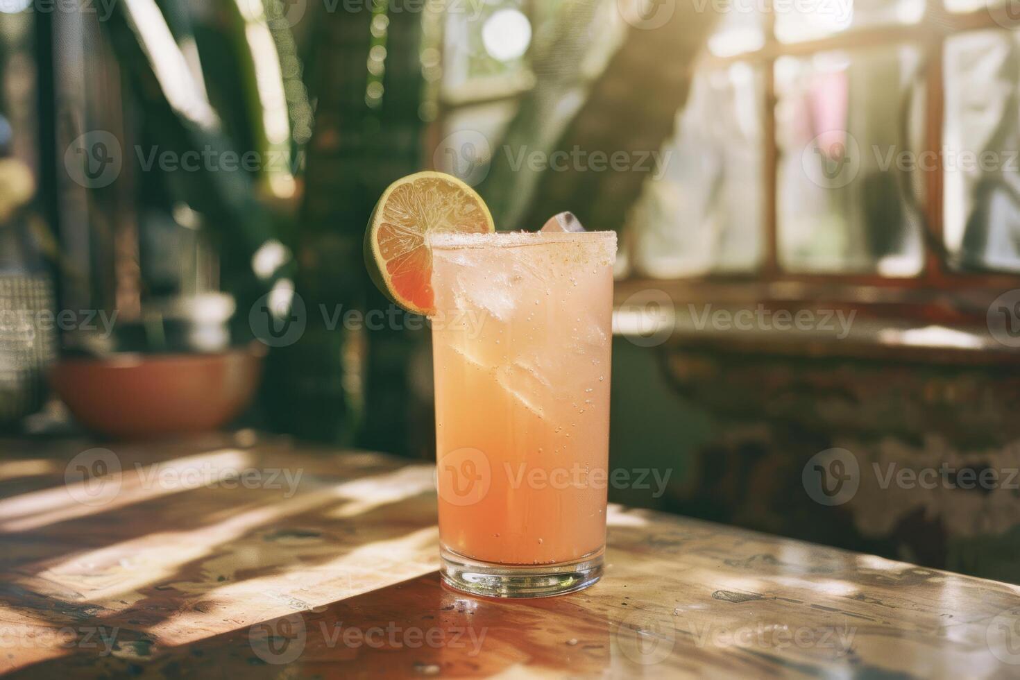 Enjoy the chic ambiance of a retro bar while savoring a pink grapefruit cocktail, a refreshing blend of ice, lime, and tropical flavors. Embrace the elegant setting and celebrate in style photo