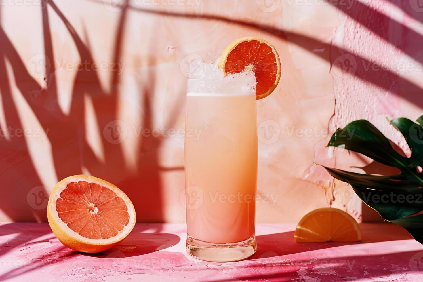 Immerse yourself in a refreshing citrus cocktail with a retro vintage feel, set against a lively pink backdrop, evoking a trendy and imaginative summer look with tropical accents and shaded elements photo