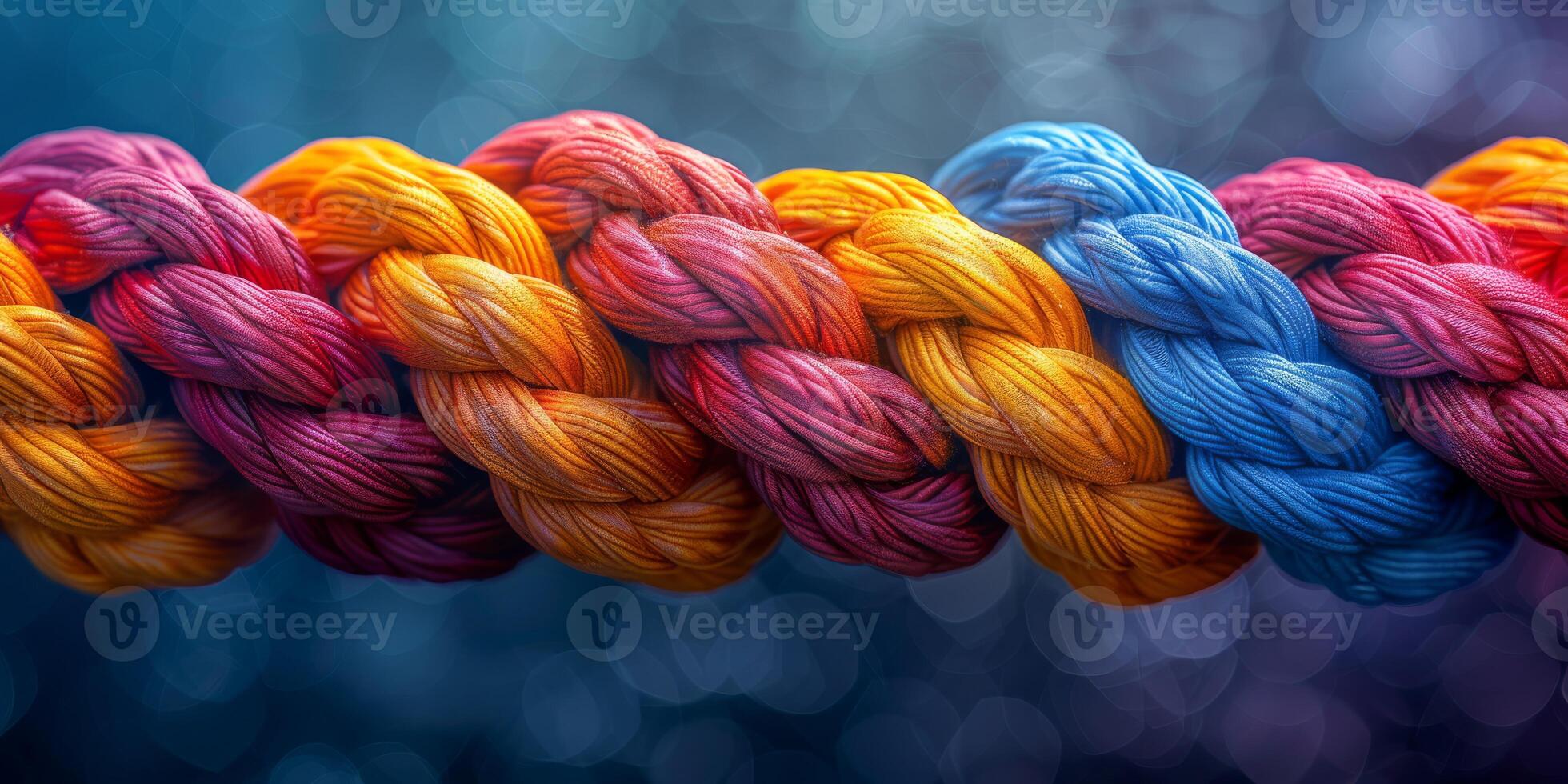 A close-up of a multicolored braided rope featuring gradient shades of blue, pink, orange, and yellow. photo