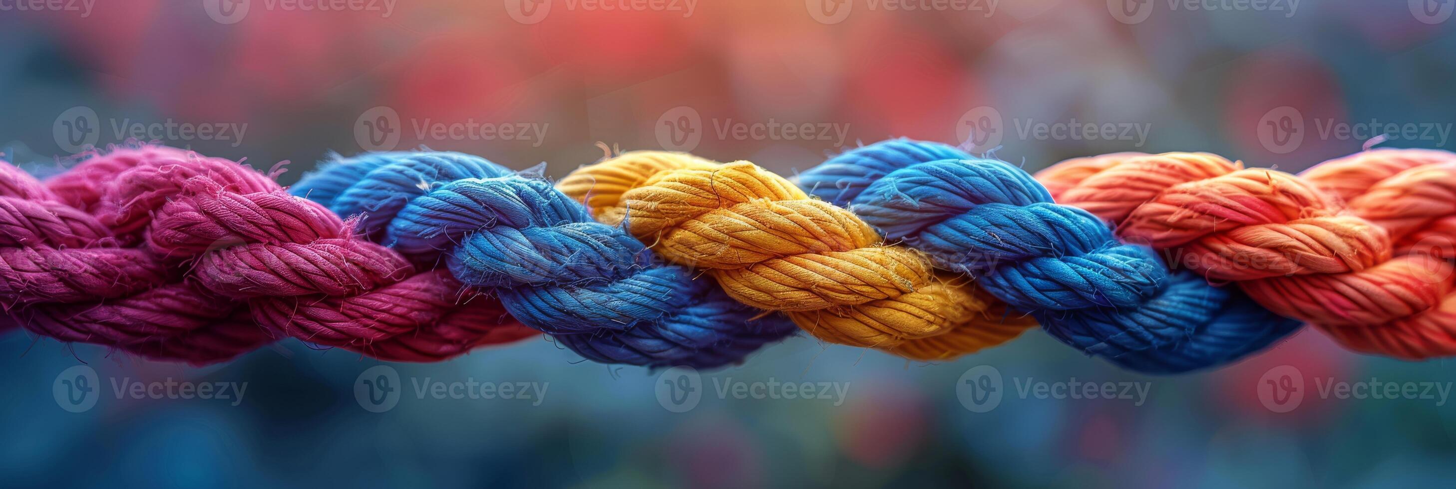 A close-up of a multicolored braided rope featuring gradient shades of blue, pink, orange, and yellow. photo
