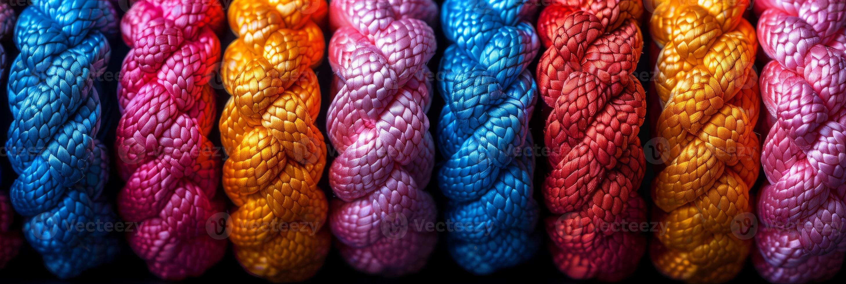 Vibrant close-up of colorful braided ropes showing intricate texture and pattern for background use. photo