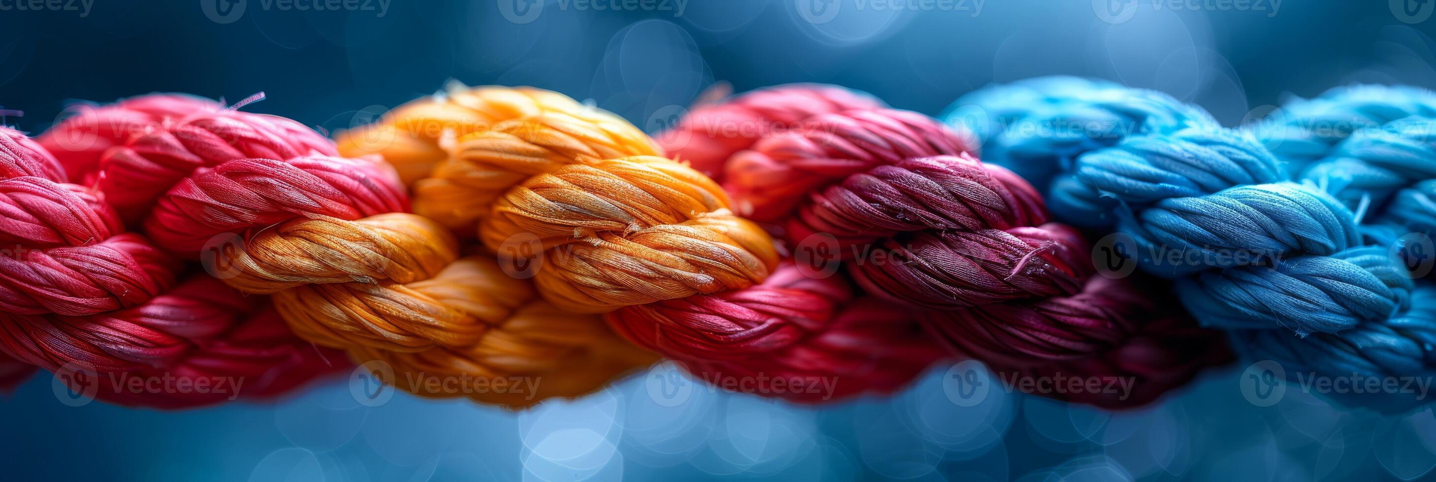 A close-up of a multicolored braided rope featuring gradient shades of blue, pink, orange, and yellow. photo