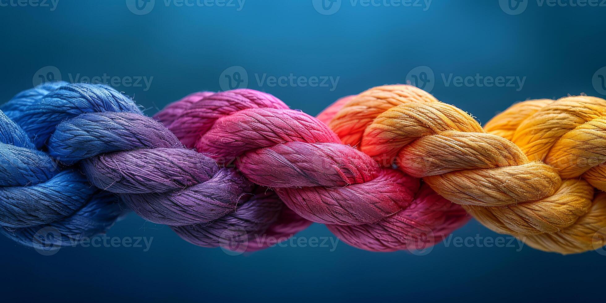 A close-up of a multicolored braided rope featuring gradient shades of blue, pink, orange, and yellow. photo