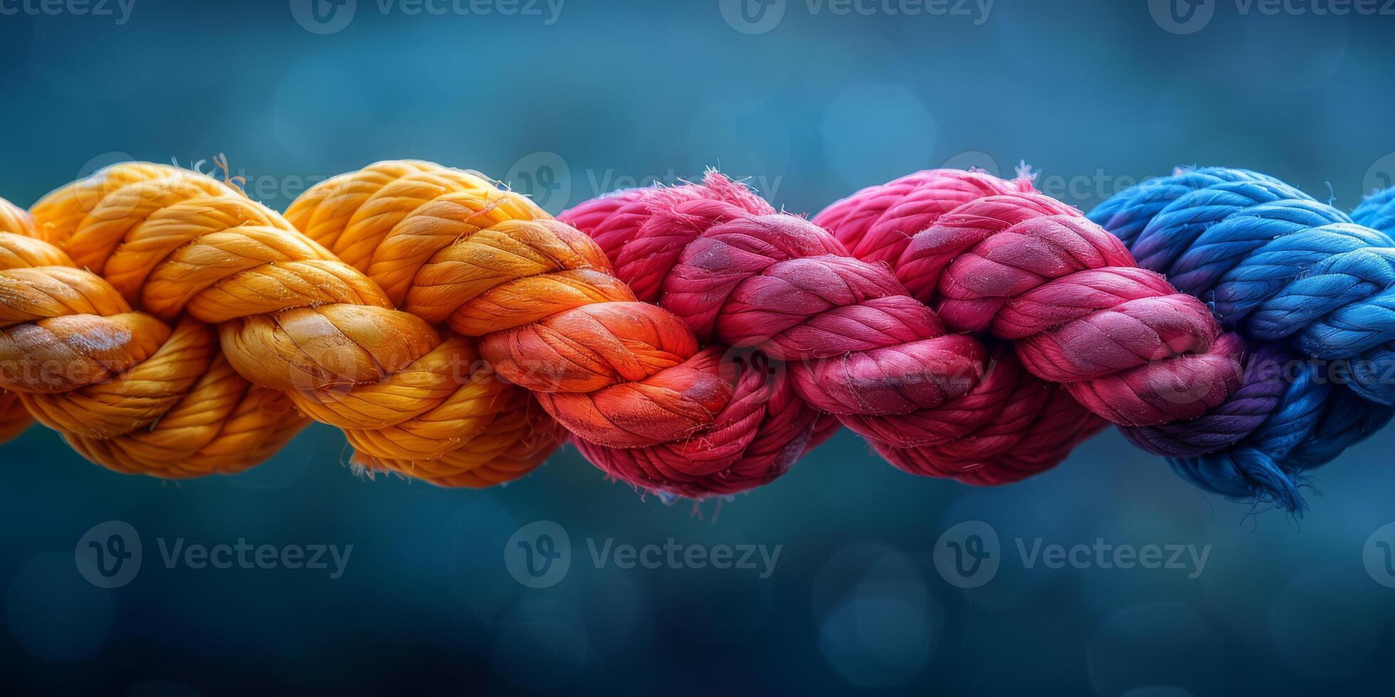 A close-up of a multicolored braided rope featuring gradient shades of blue, pink, orange, and yellow. photo
