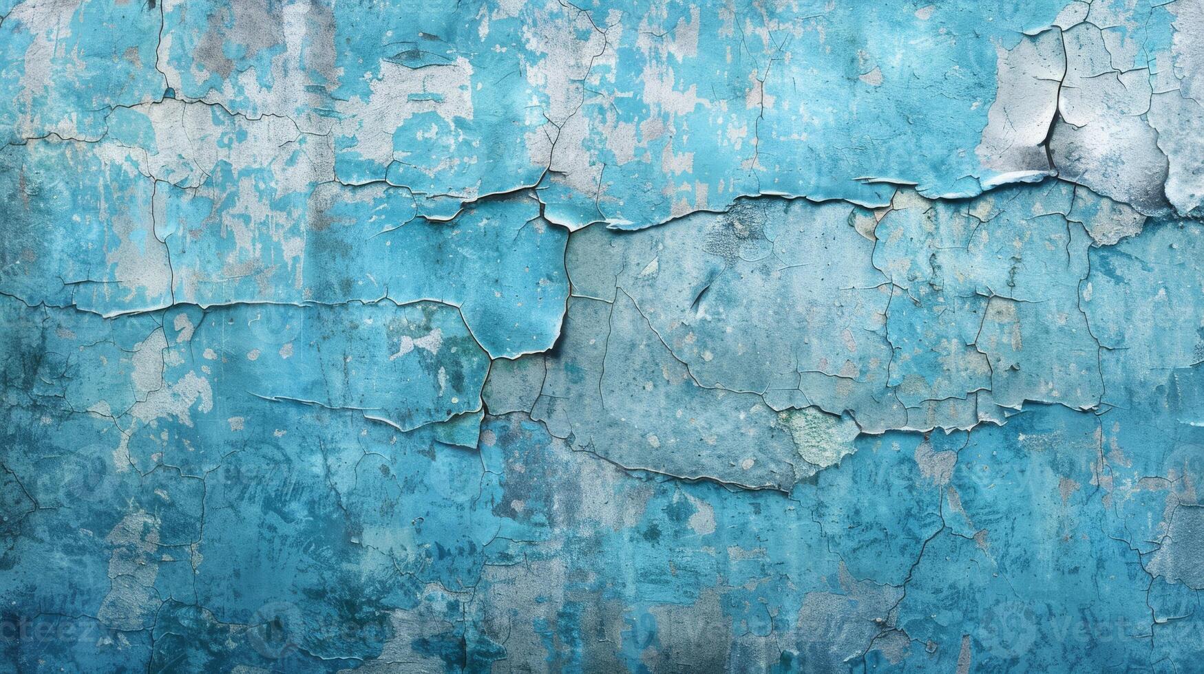 A detailed image of an aged wall with vibrant blue paint peeling off, displaying signs of aging and weathering photo