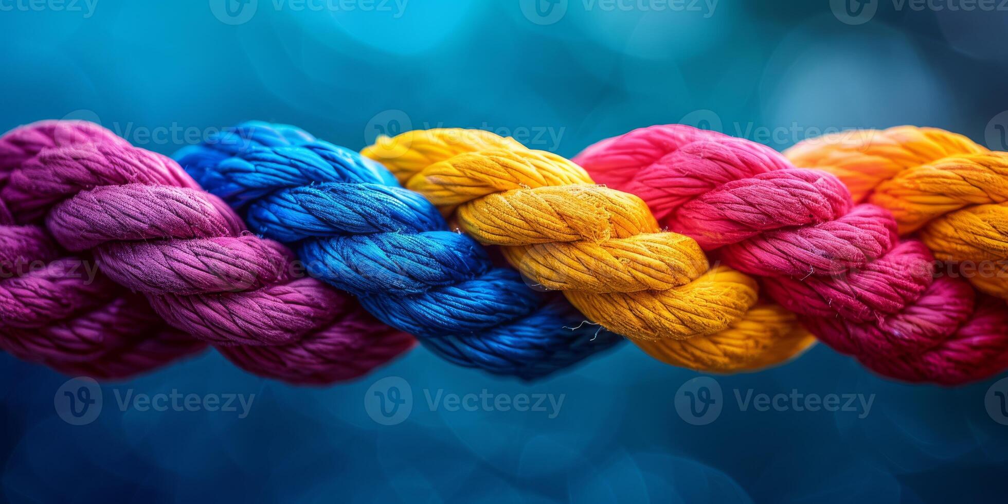 A closeup of a colorful braided rope against a blurred background, highlighting its intricate design and vibrant tones photo