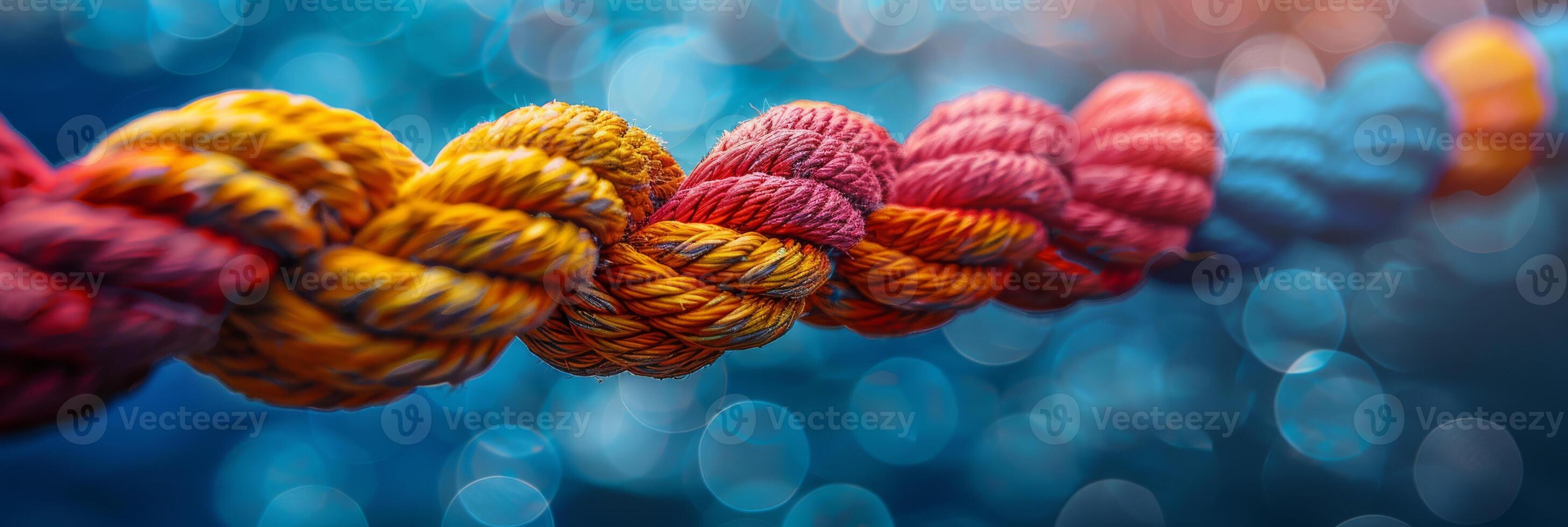 A close-up of a multicolored braided rope featuring gradient shades of blue, pink, orange, and yellow. photo