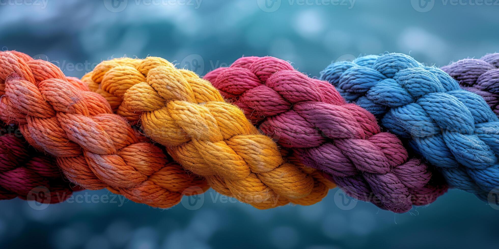 A close-up of a multicolored braided rope featuring gradient shades of blue, pink, orange, and yellow. photo