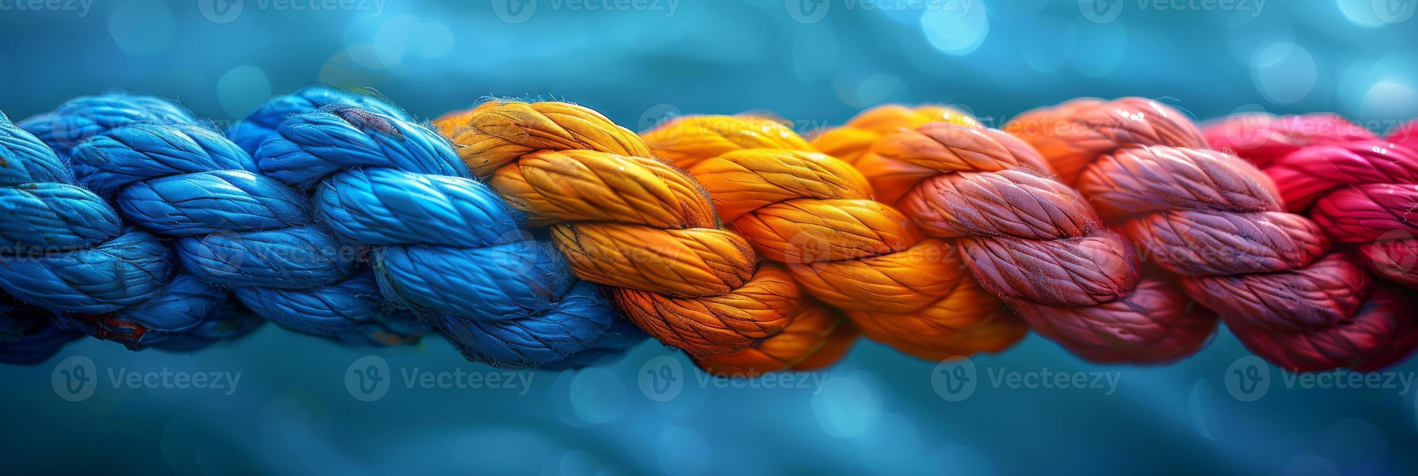 A close-up of a multicolored braided rope featuring gradient shades of blue, pink, orange, and yellow. photo