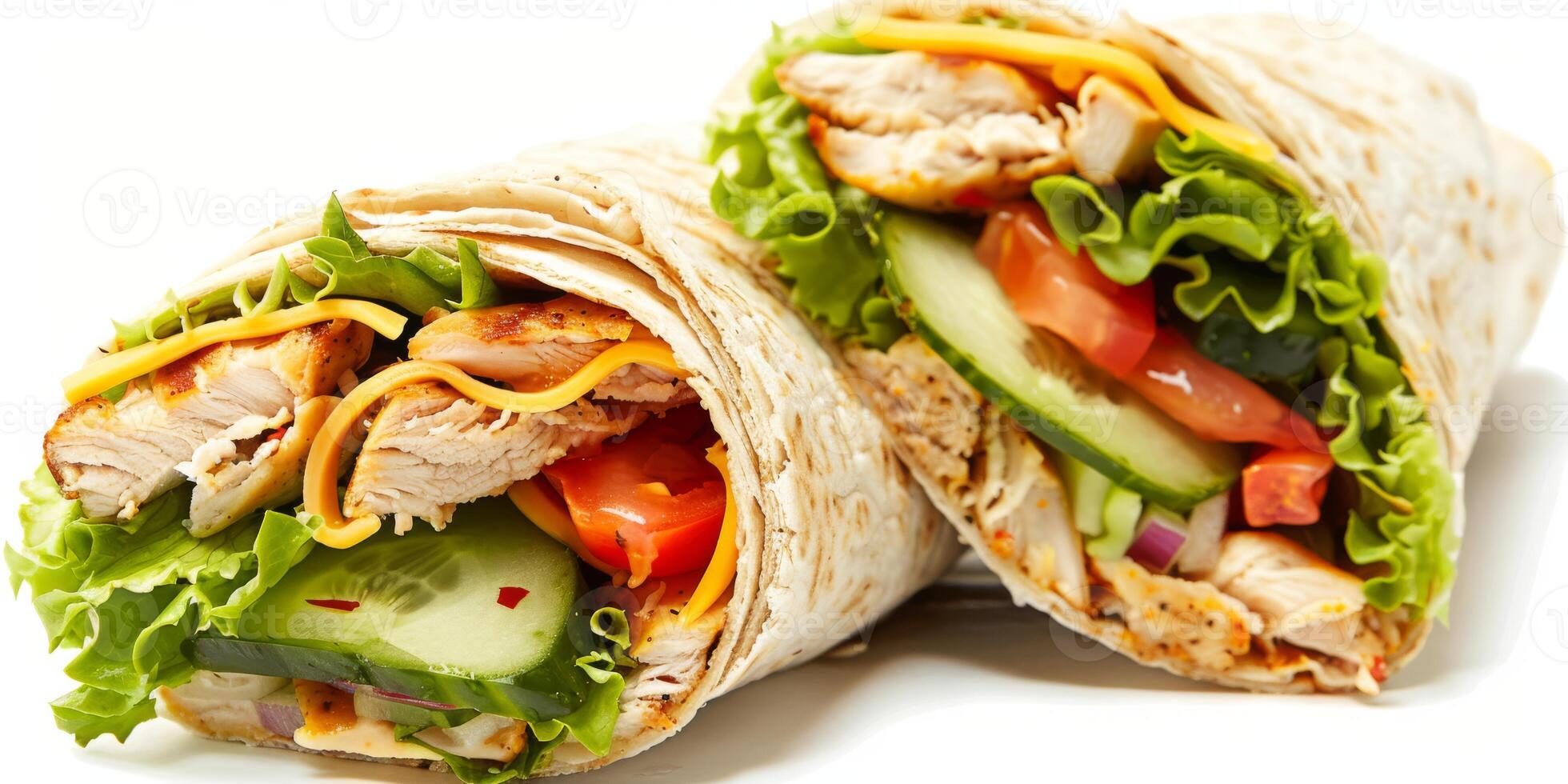 Tortilla wrap with fried chicken meat and vegetables isolated on white background. High quality photo